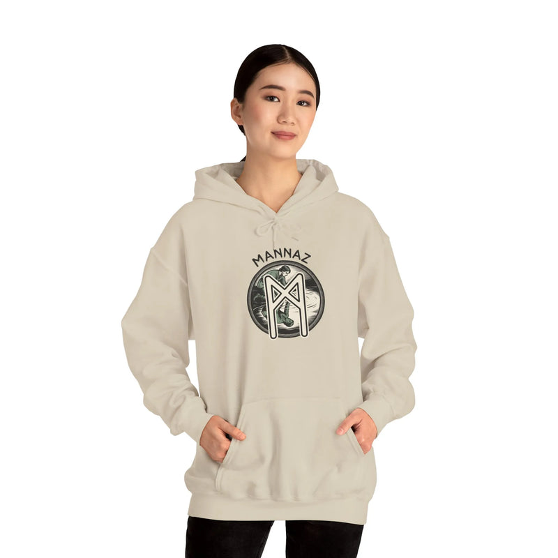 Mannaz Rune Symbol Graphic Hoodie - Heavy Blend Fleece Pullover - Unisex White