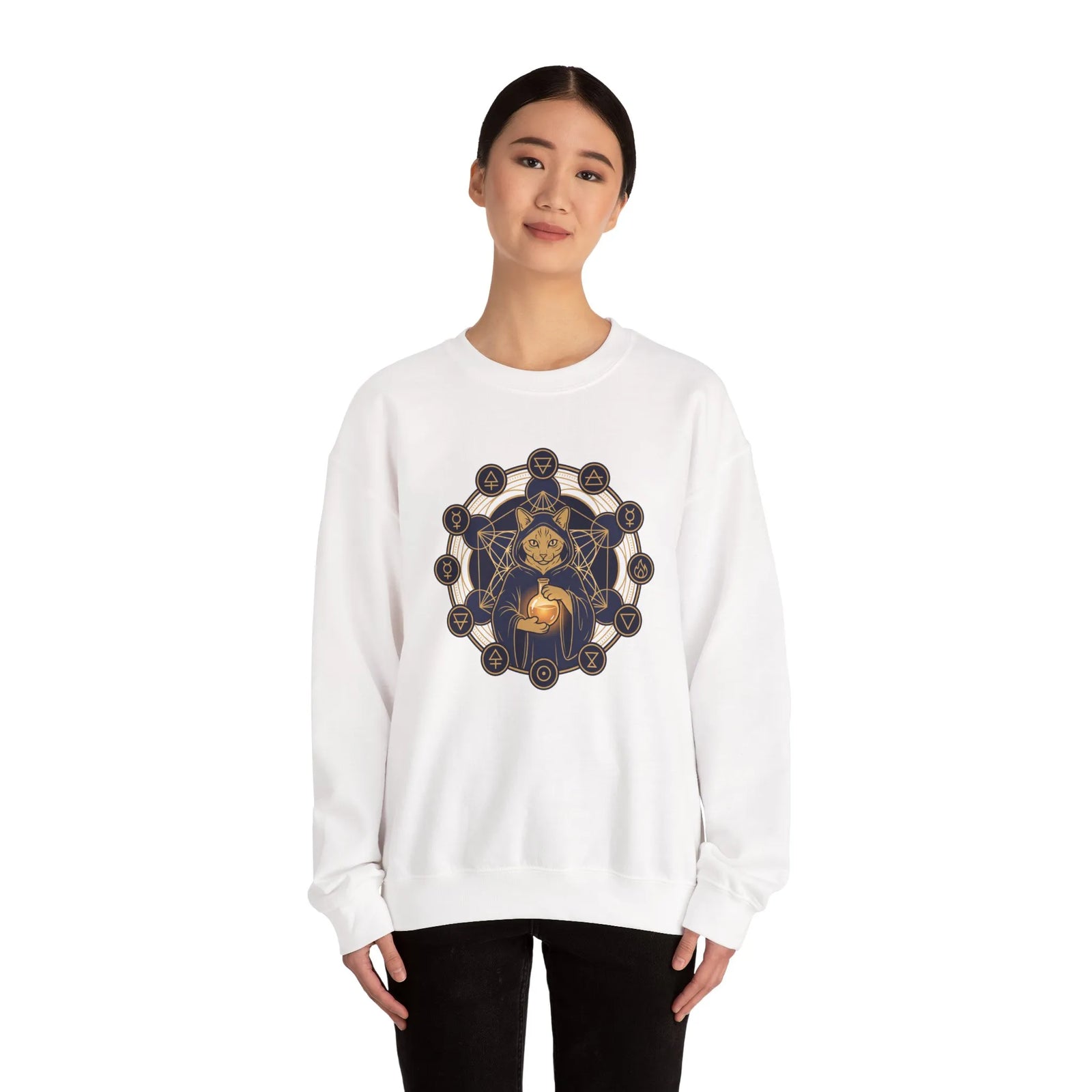 Sacred Geometry Alchemist Cat Sweatshirt - Heavy Blend Fleece Crewneck - Unisex White