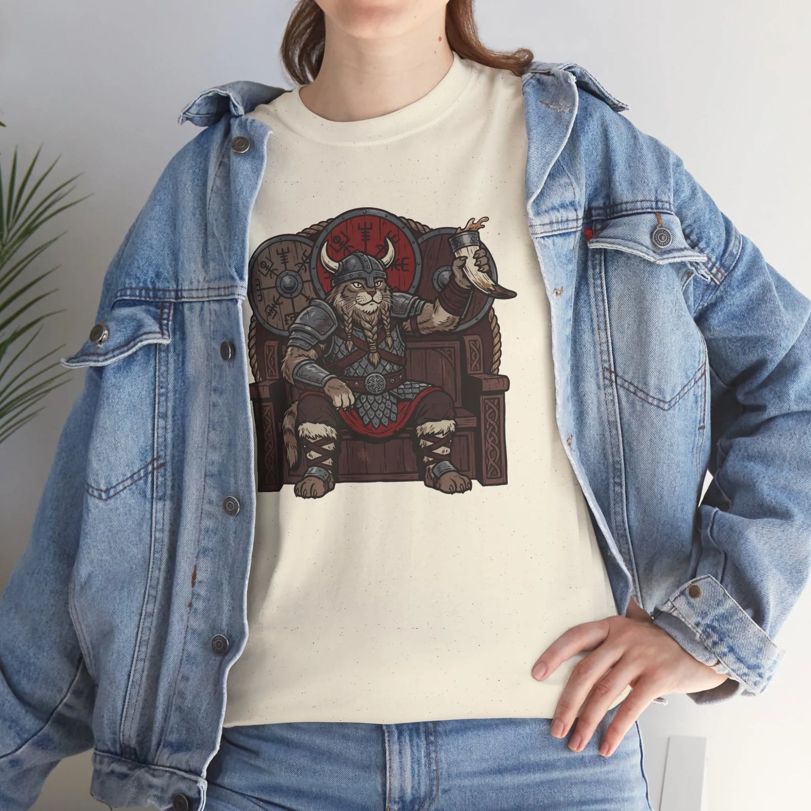 Viking Berserker Cat Graphic T-Shirt - Heavyweight 100% Cotton Classic Tee - Unisex White