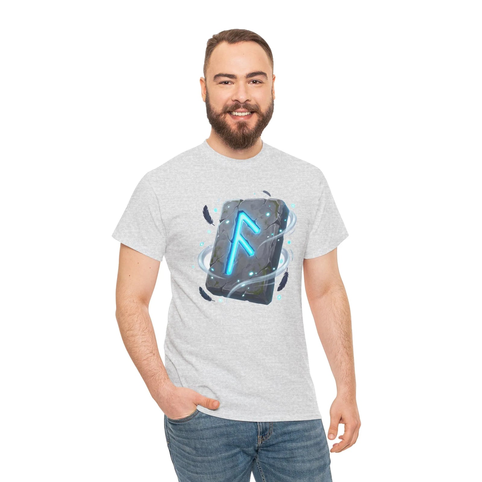 Ansuz Rune Odin's Raven Graphic T-Shirt - Heavy Cotton Classic Fit Crewneck Tee - Unisex White