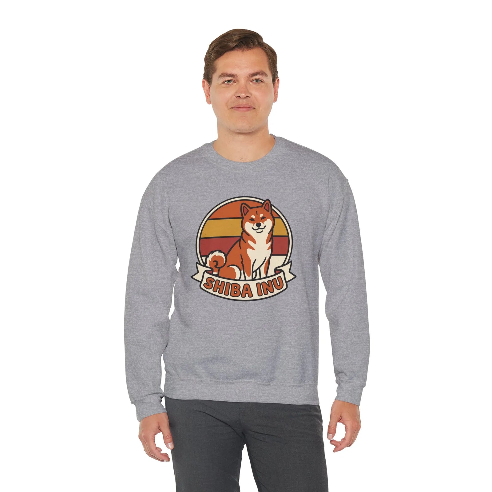 Shiba Inu Retro Sunset Graphic Sweatshirt - Heavy Blend Fleece Crewneck - Unisex White