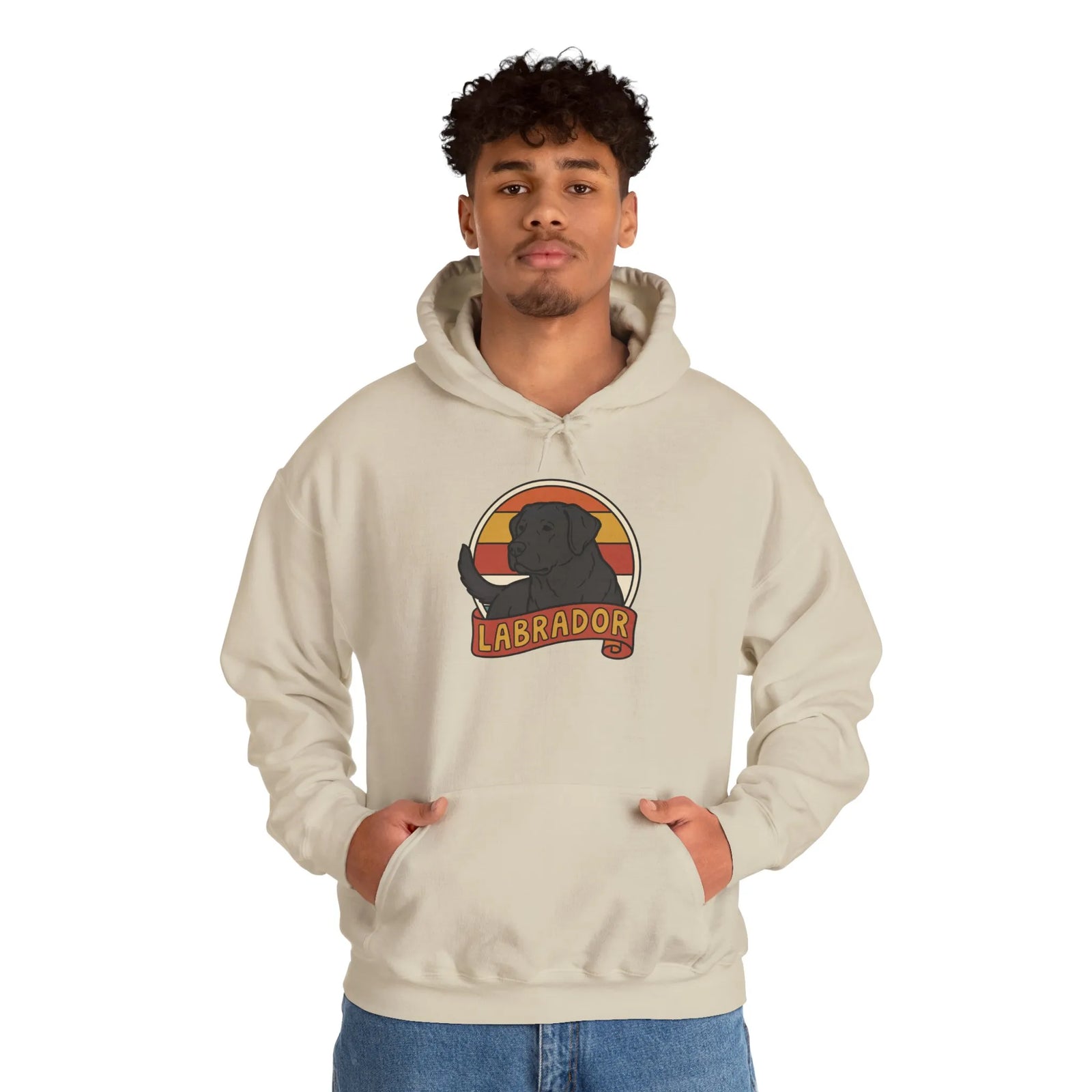 Labrador Retro 70s Sunset Breed Hoodie - Cozy Cotton Blend Pullover - Unisex White