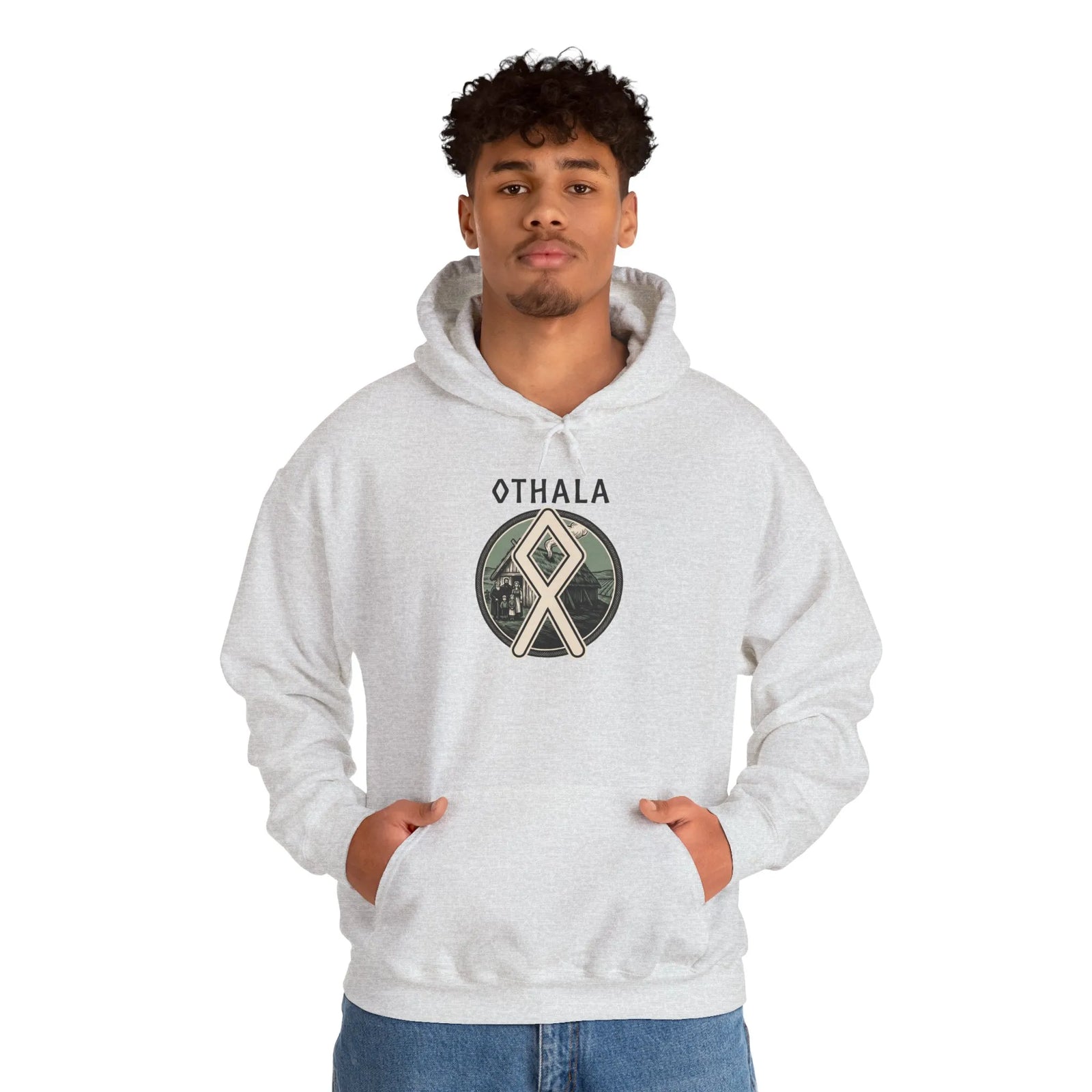 Norse Othala Rune Graphic Hoodie - Medium-Heavy Cotton Blend Pullover - Unisex White