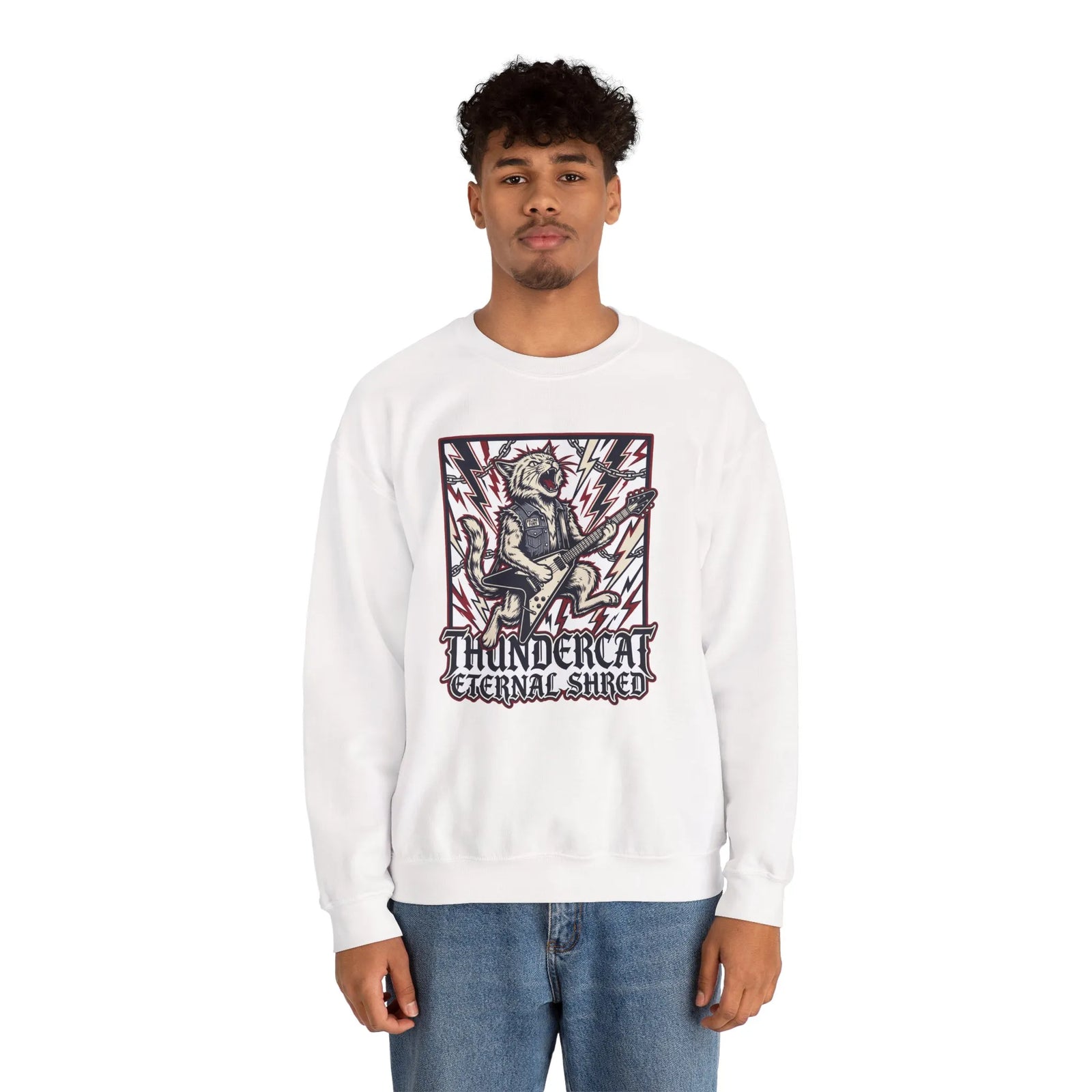 Heavy Metal Rocker Cat Sweatshirt - Heavy Blend Fleece Crewneck - Unisex White