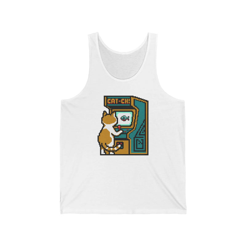 Arcade Night 8-Bit Pixel Gaming Cats Tank Top - Lightweight 100% Cotton Jersey - Unisex White
