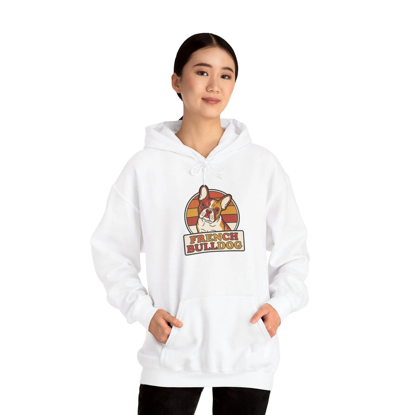 French Bulldog Retro 70s Sunset Hoodie - Medium-Heavy Cotton Poly Blend - Unisex White