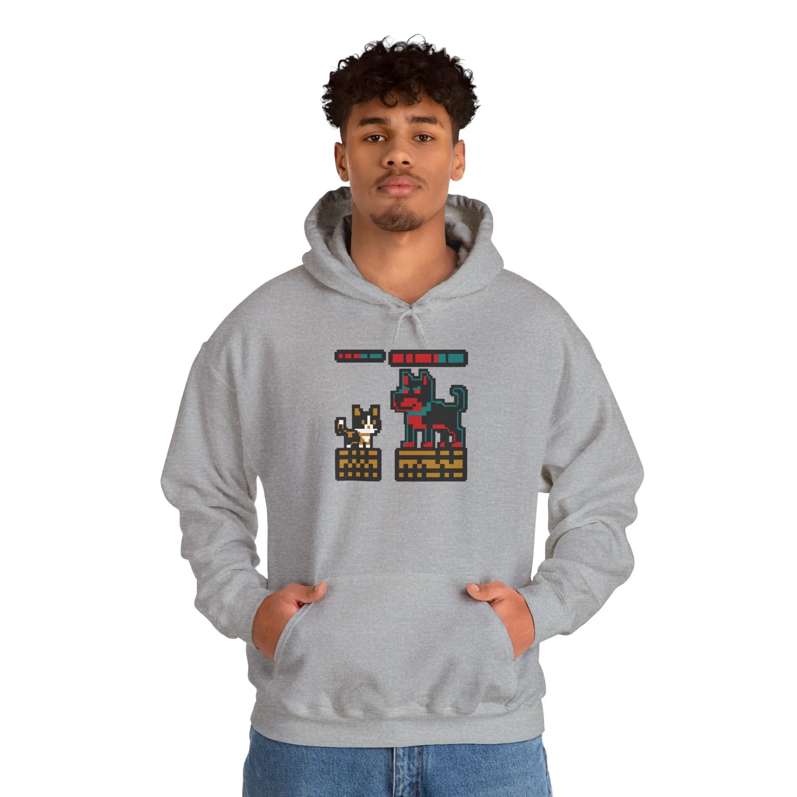 Boss Fight 8-Bit Pixel Gaming Cats Hoodie - Heavy Blend Fleece Pullover - Unisex White