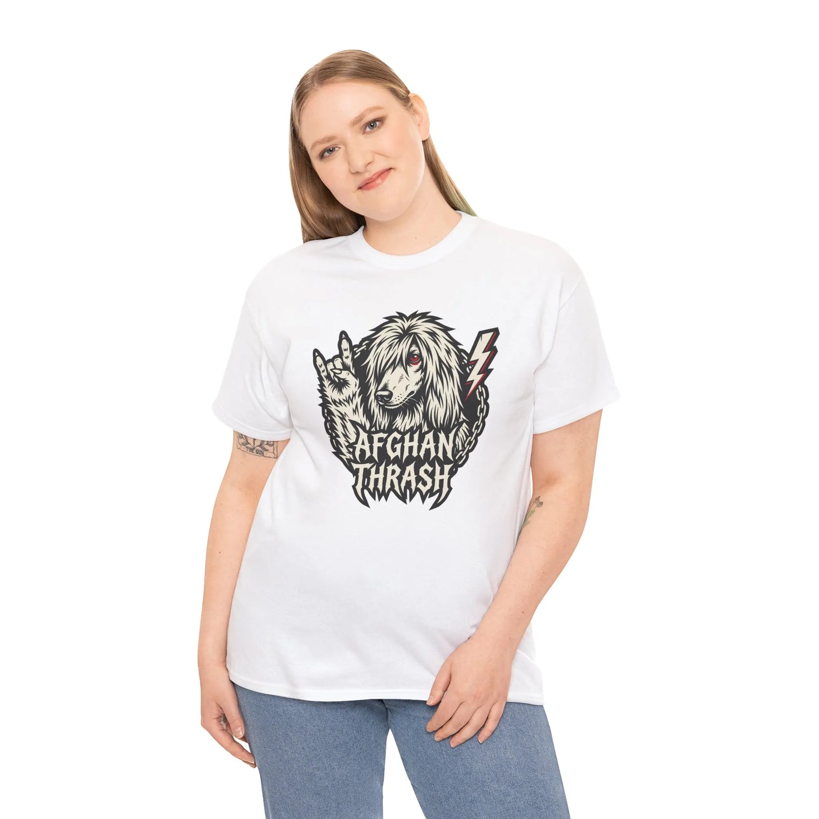Headbanger Rocker Dogs Graphic T-Shirt - Heavy Cotton Classic Fit Tee - Unisex White