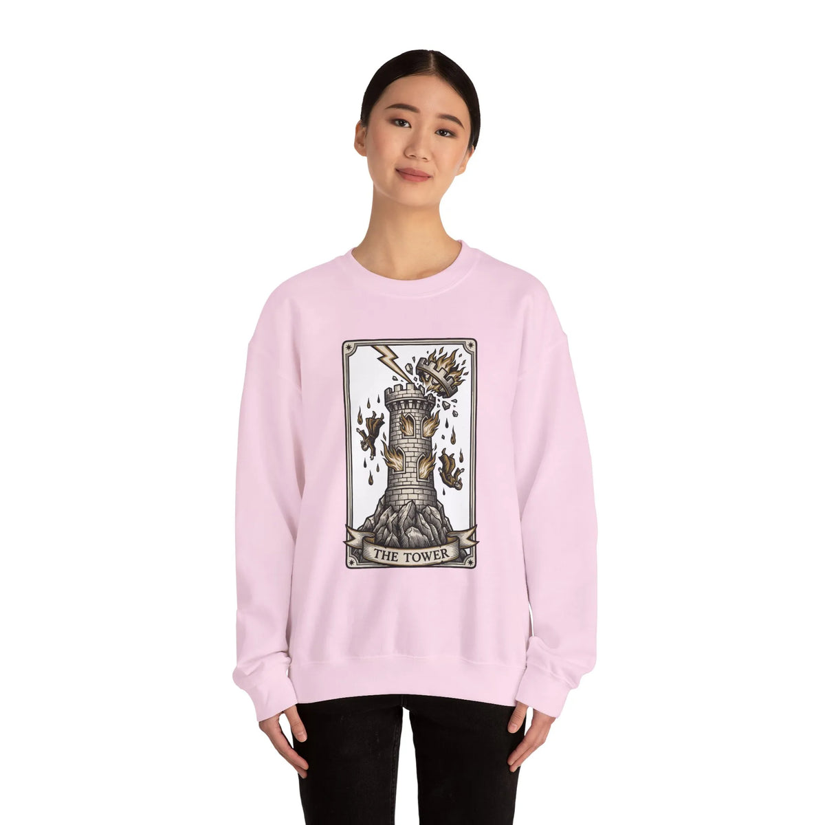 The Tower Tarot Card Sweatshirt - Heavy Blend Fleece Crewneck - Unisex White