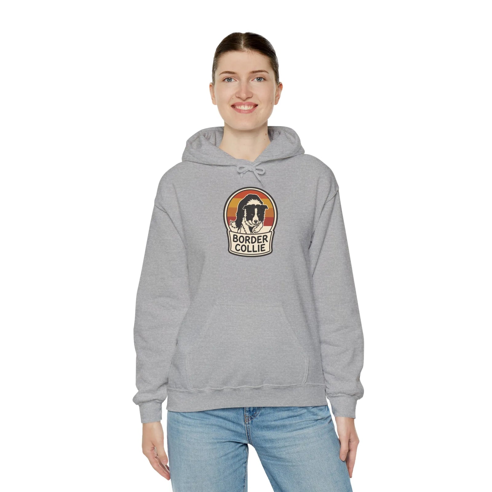 Border Collie Retro 70s Sunset Hoodie - Heavy Blend Cotton-Poly Fleece Pullover - Unisex White