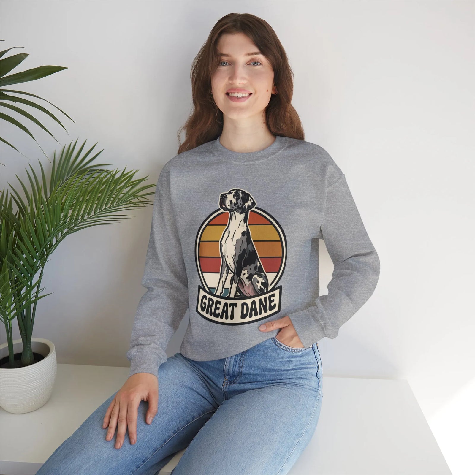 Great Dane Retro Sunset Breeds Sweatshirt - Heavy Blend Crewneck 50/50 Cotton Poly - Unisex White