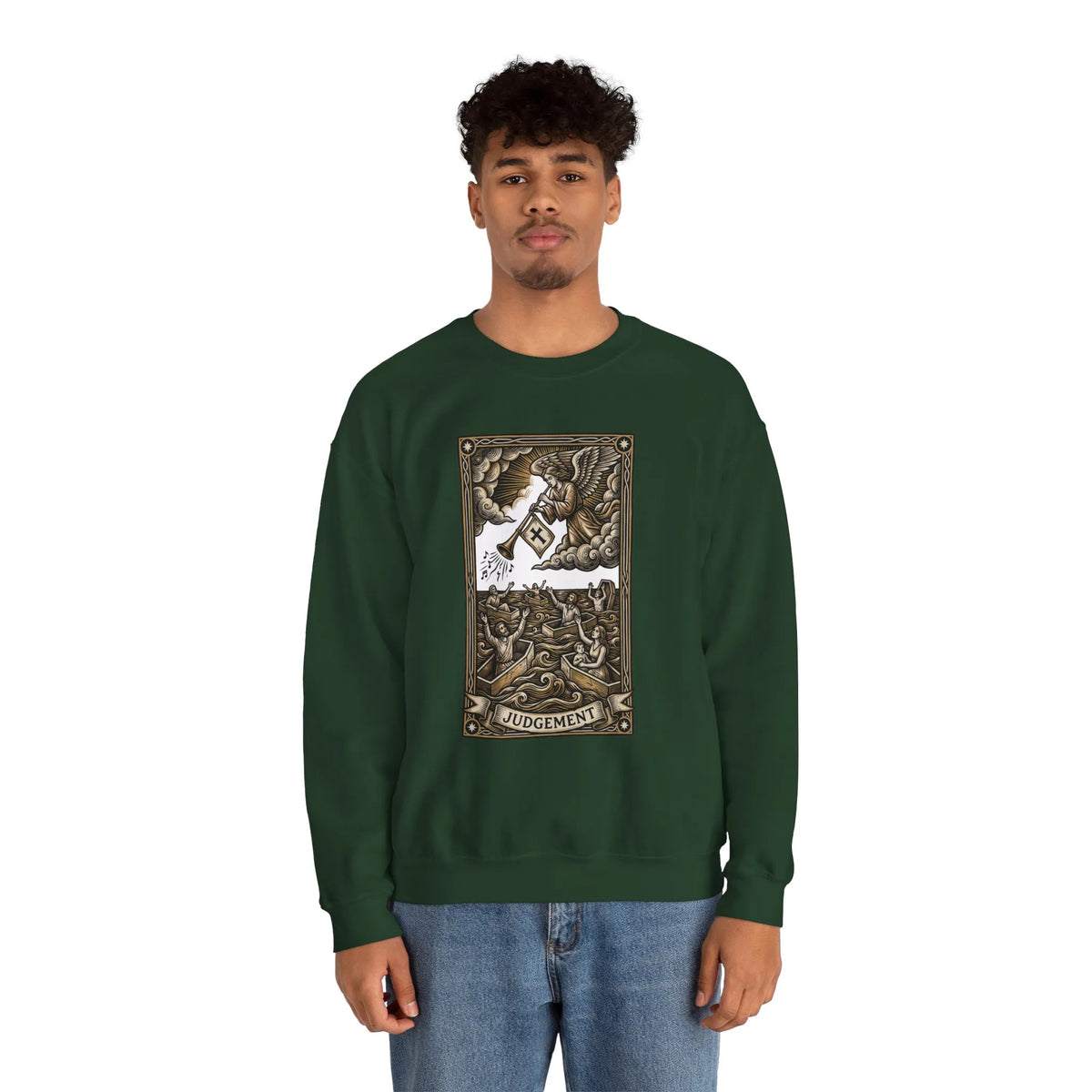 Judgement Tarot Card Graphic Sweatshirt - Heavy Blend Classic Fit Crewneck - Unisex White