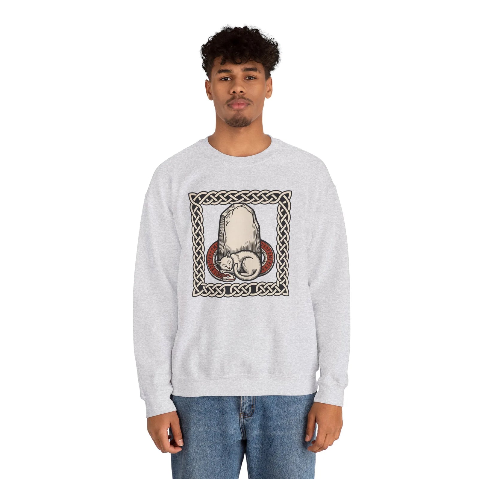 Runestone Cat Norse Woodcut Sweatshirt - Heavyweight Cotton Blend Crewneck - Unisex White
