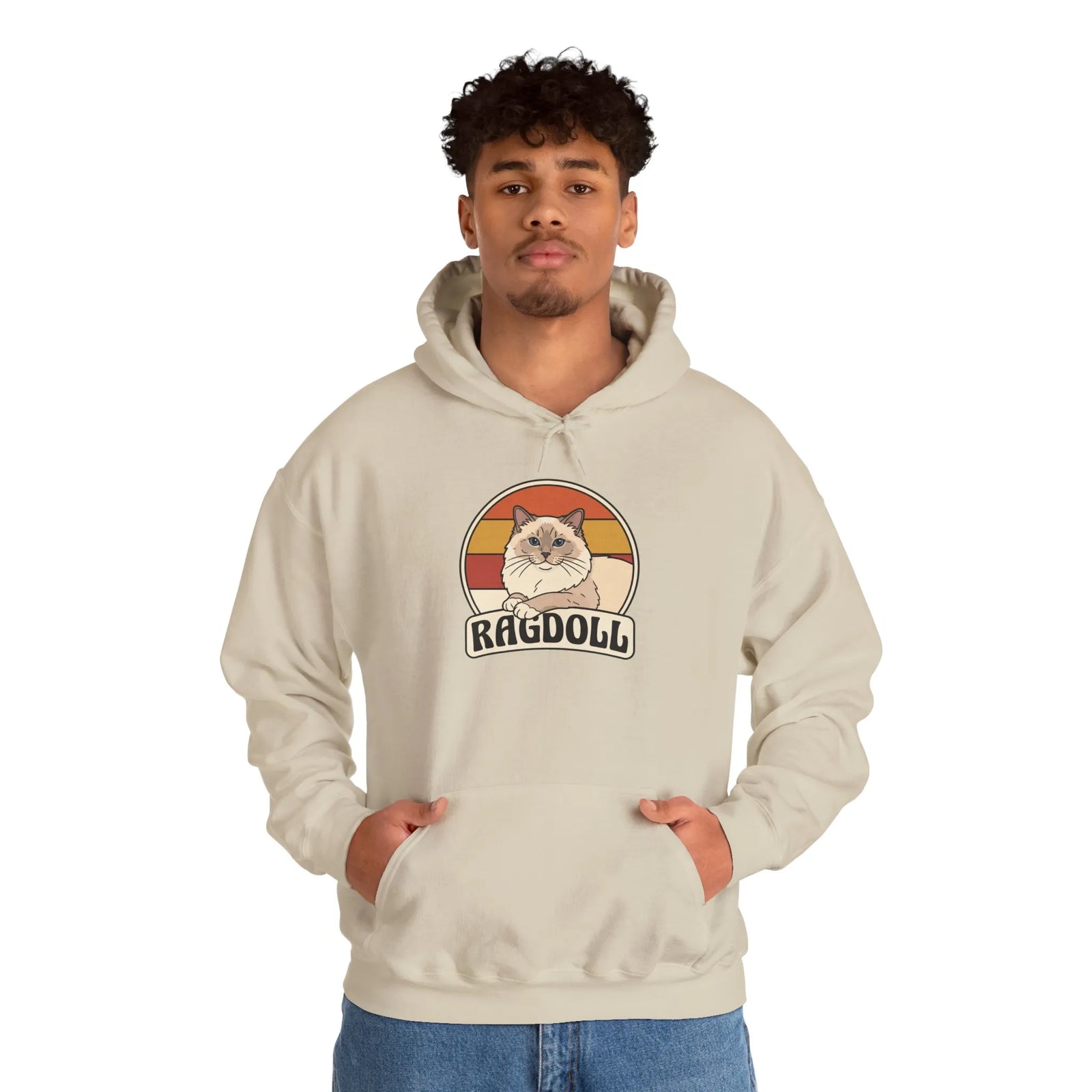 Ragdoll Cat Retro 70s Sunset Hoodie - Soft Blend Fleece Pullover Hoodie - Unisex White