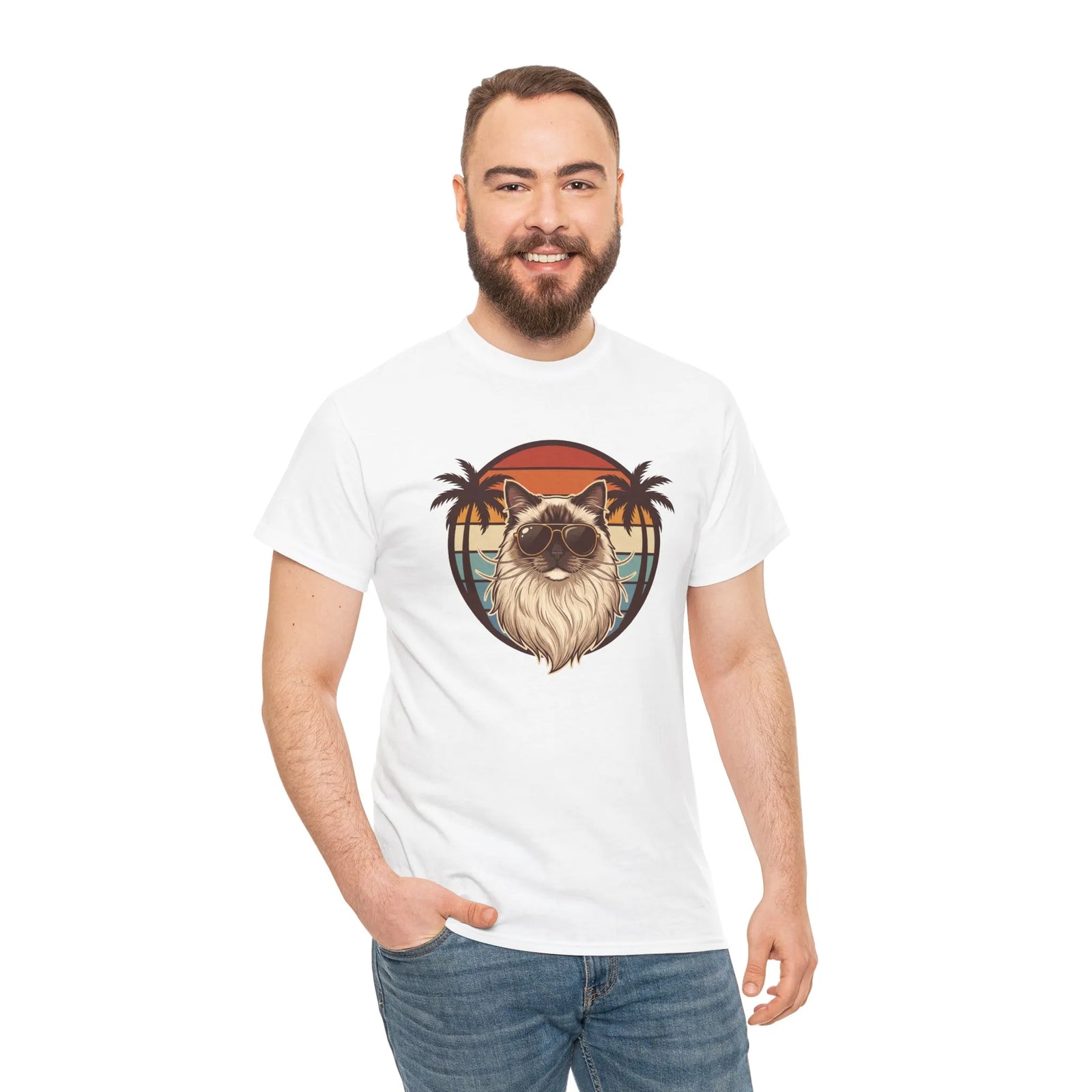Ragdoll Cat 70s Sunset Aviators T-Shirt - Heavy Cotton Classic Fit Tee - Unisex White