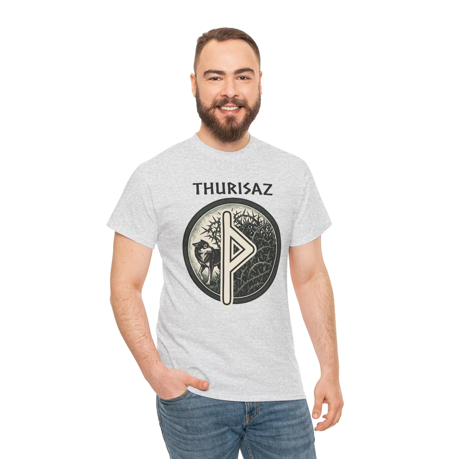 Thurisaz Rune Wolf Thorn T-Shirt - Medium Weight 100% Cotton Tee - Unisex White