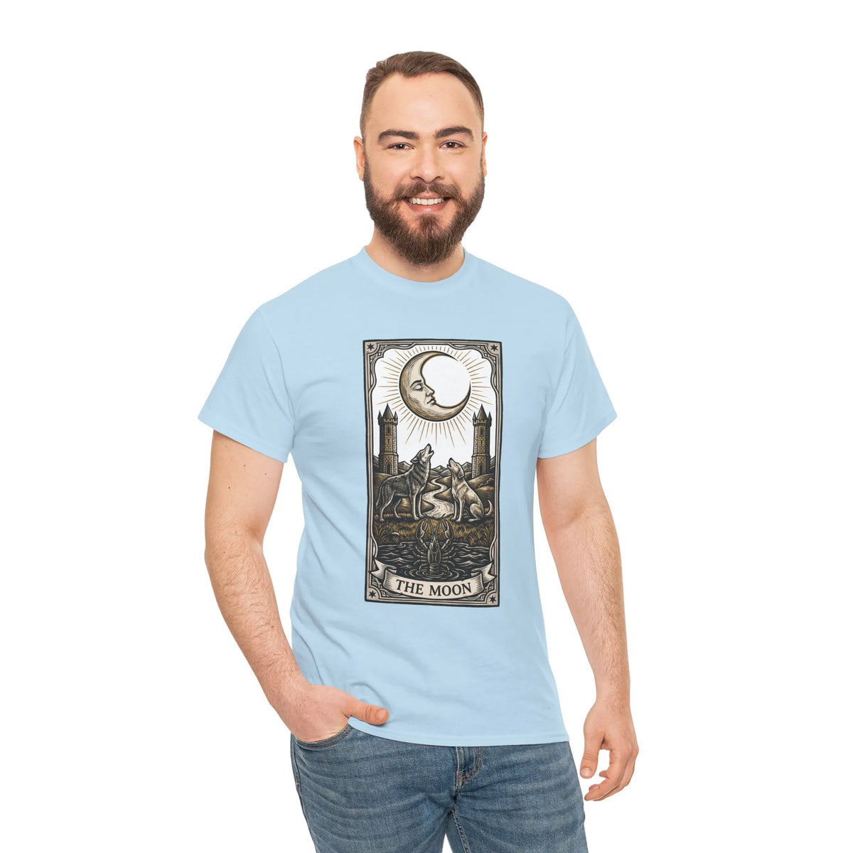 Moonlight Wolves Tarot Graphic T-Shirt - Heavy Cotton Classic Fit Crewneck - Unisex White