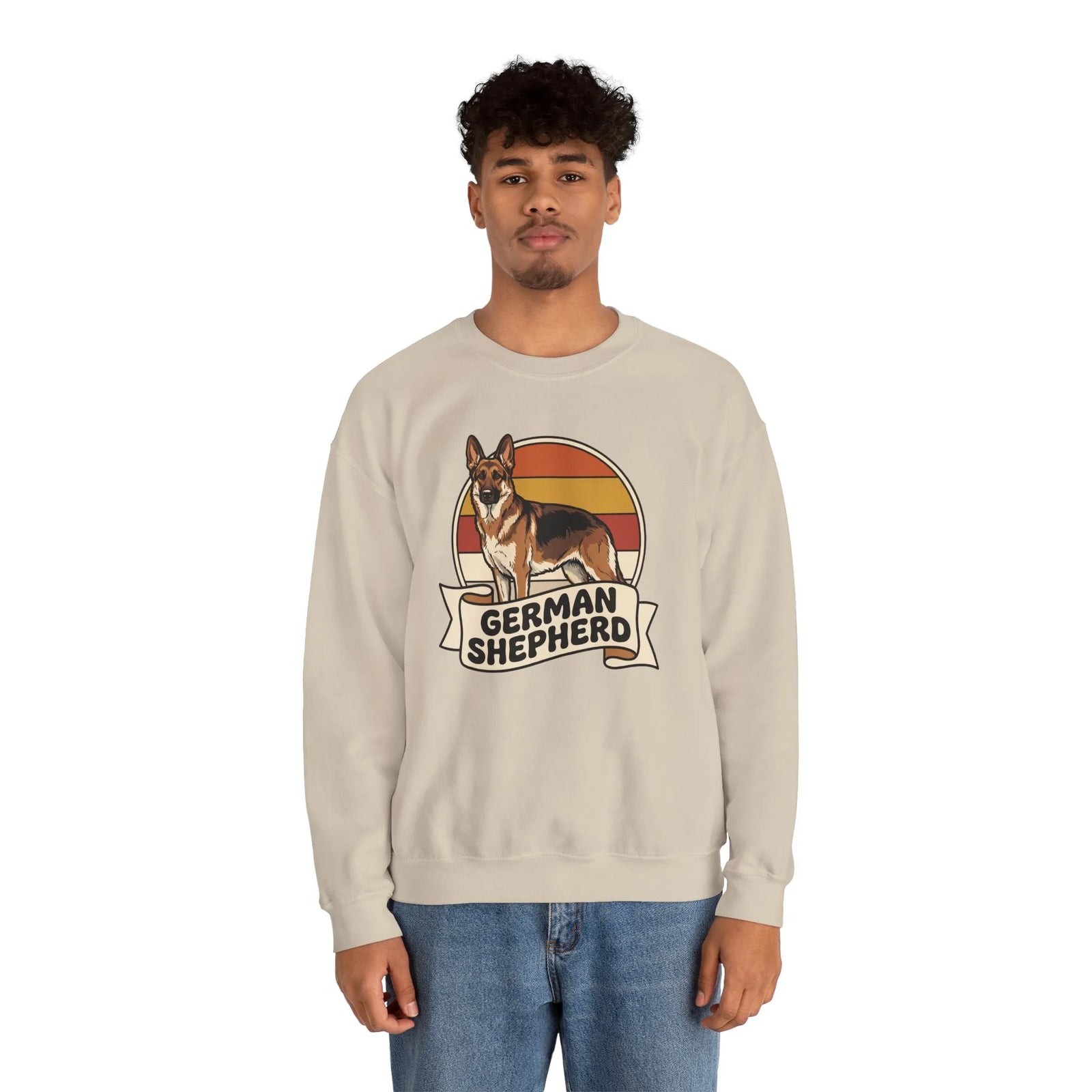 German Shepherd Retro 70s Sunset Sweatshirt - Heavy Blend Cotton Blend Crewneck - Unisex White