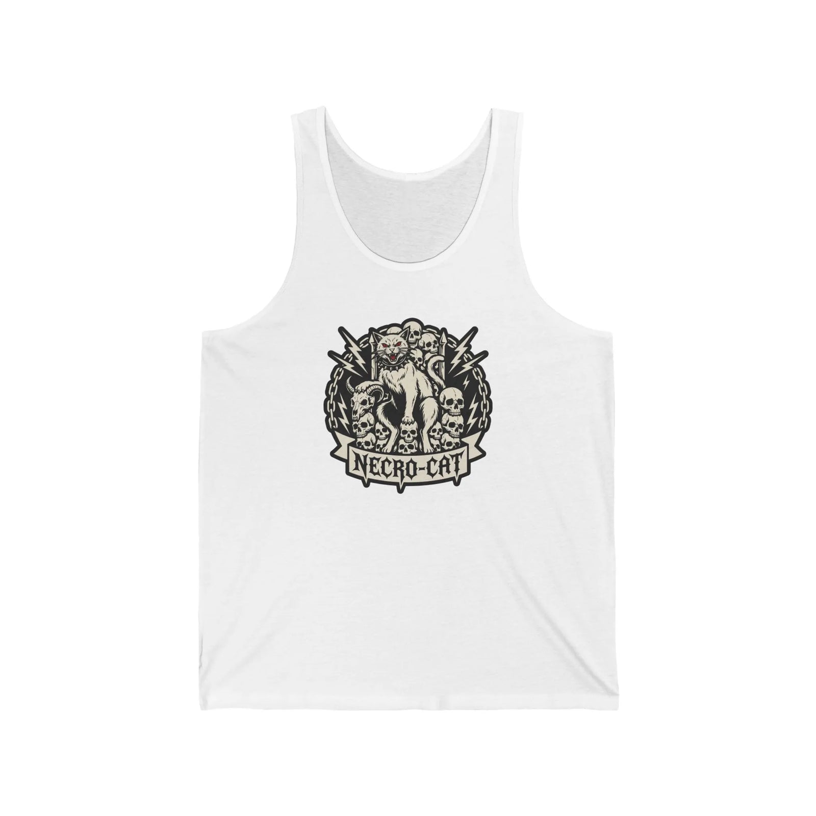 Heavy Metal Rocker Cat Skull Tank Top - Lightweight Jersey Retail Fit - Unisex White