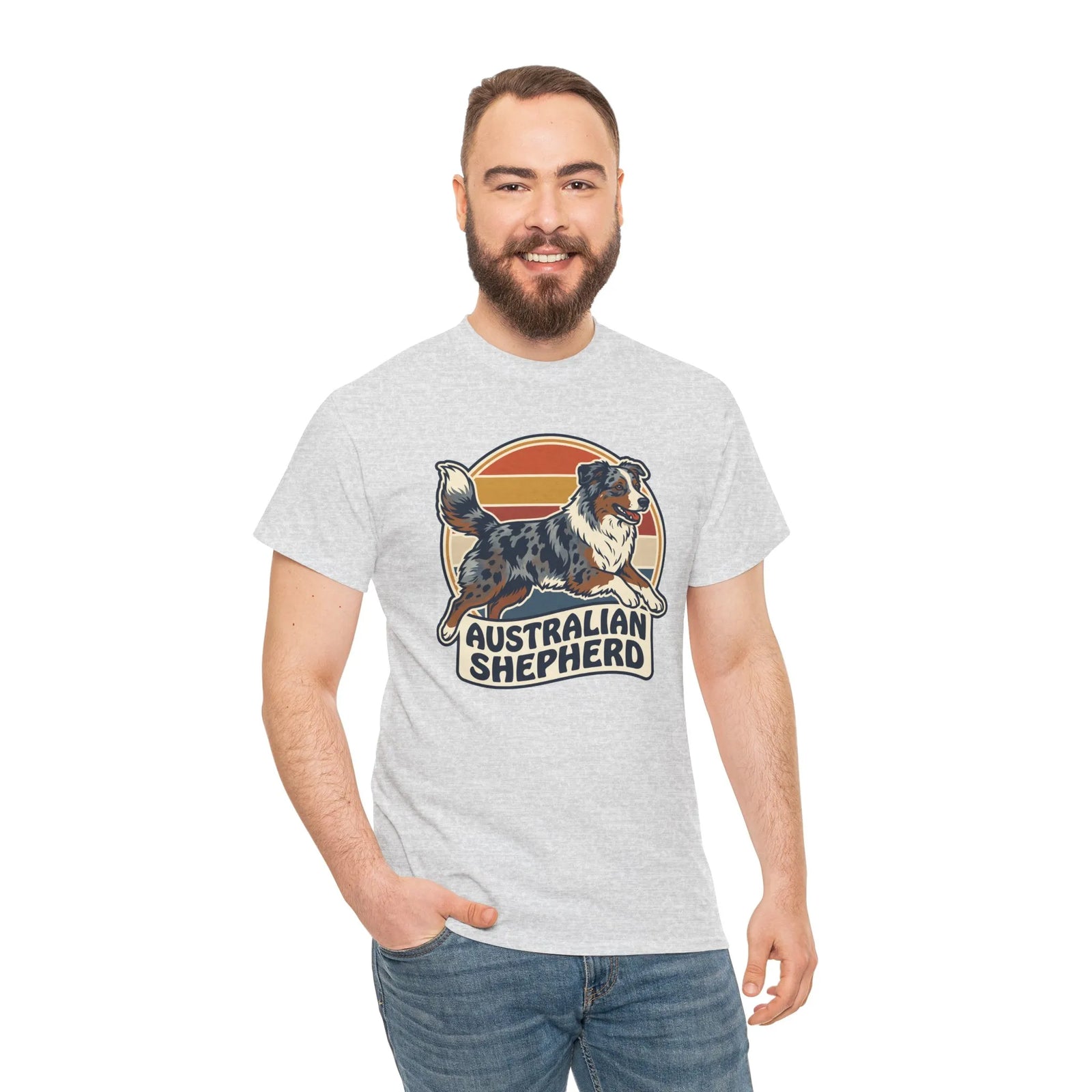 Australian Shepherd Retro 70s Sunset T-Shirt - Heavy Cotton Classic Fit Tee - Unisex White