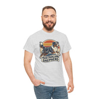 Australian Shepherd Retro 70s Sunset T-Shirt - Heavy Cotton Classic Fit Tee - Unisex White