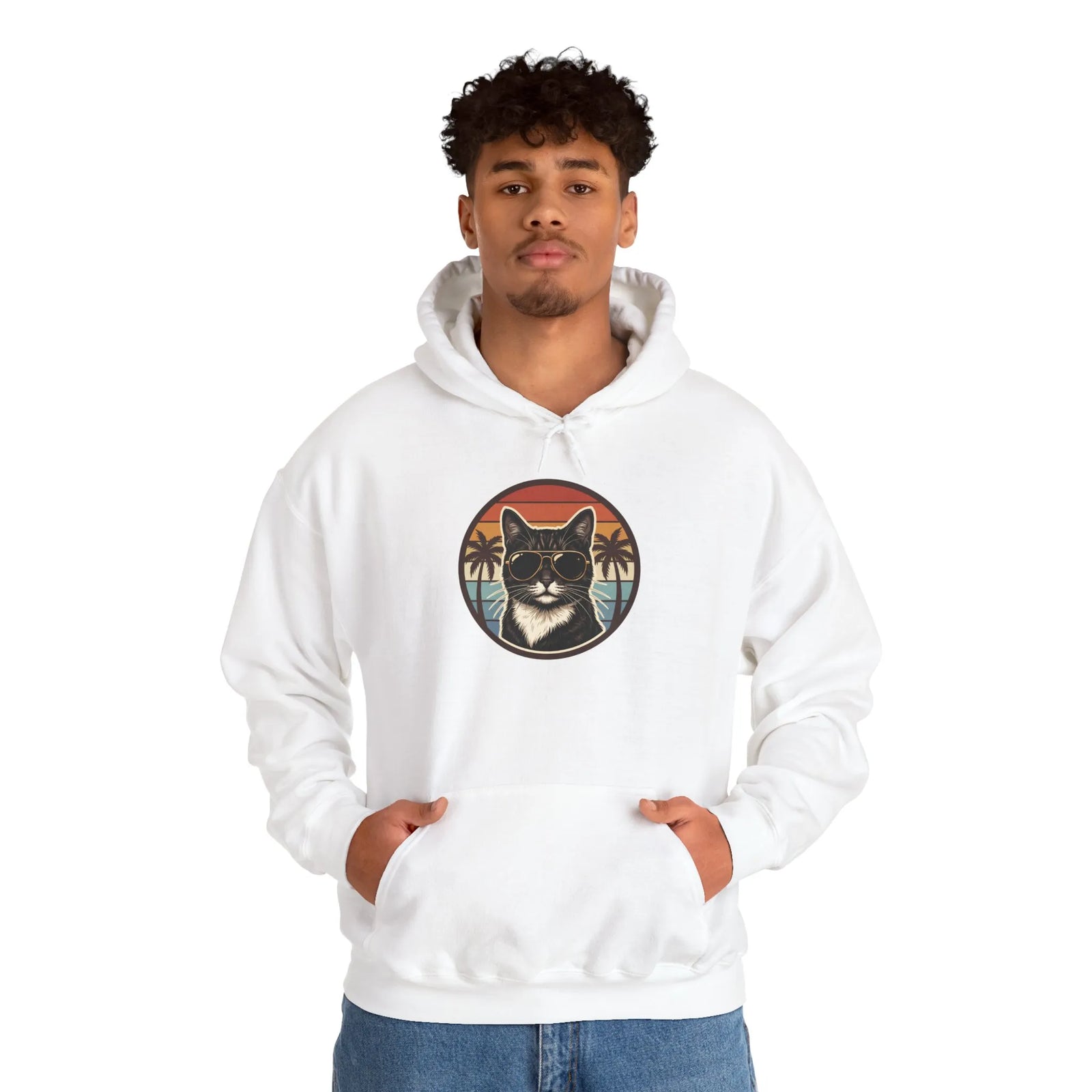 Cool Cat Aviators Sunset Hoodie - Classic Fit Fleece Pullover - Unisex White