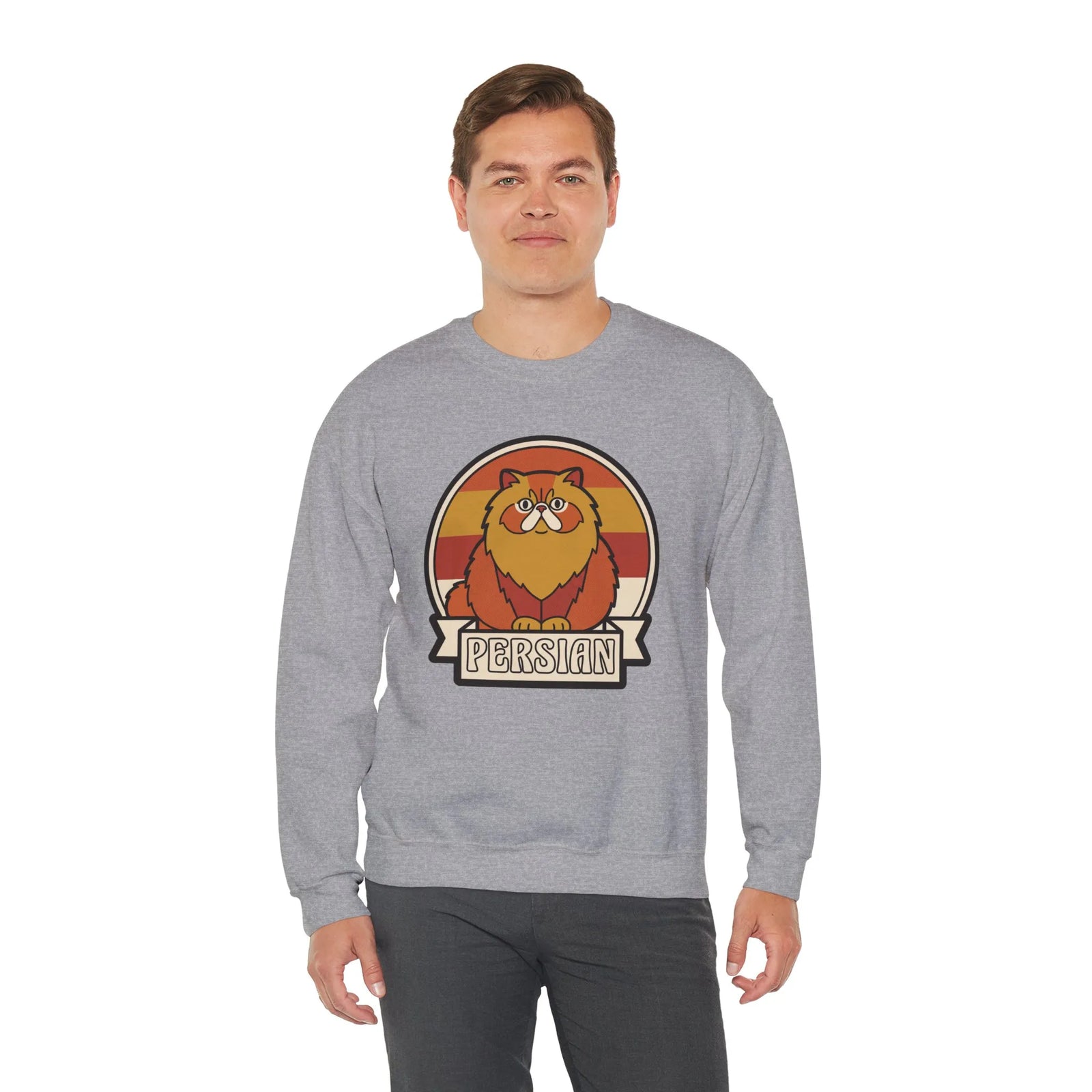 Retro Persian Cat Sunset Sweatshirt - Heavy Blend Cotton Blend Crewneck - Unisex White