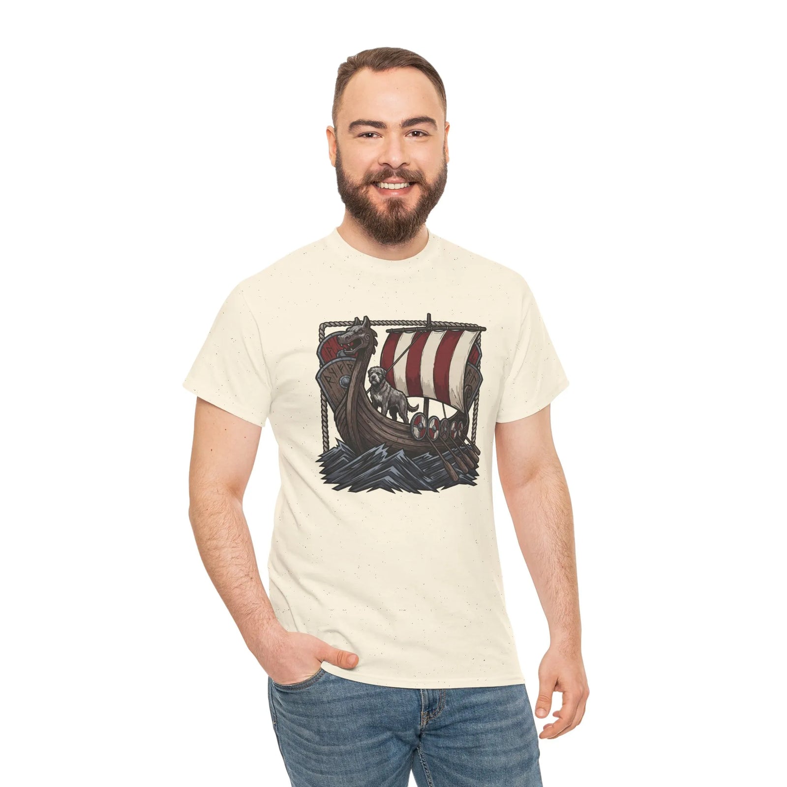 Viking Berserker Dogs Longship T-Shirt - Heavy Cotton Classic Fit Tee - Unisex White