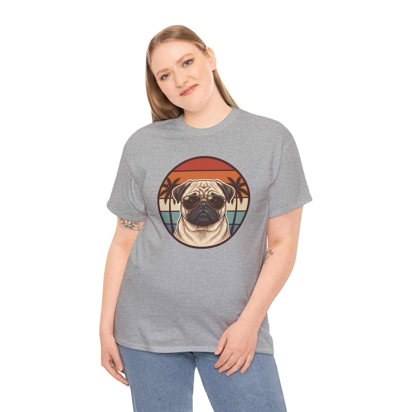Pug Aviator 70s Sunset Graphic T-Shirt - Heavyweight Cotton Classic Fit Tee - Unisex White