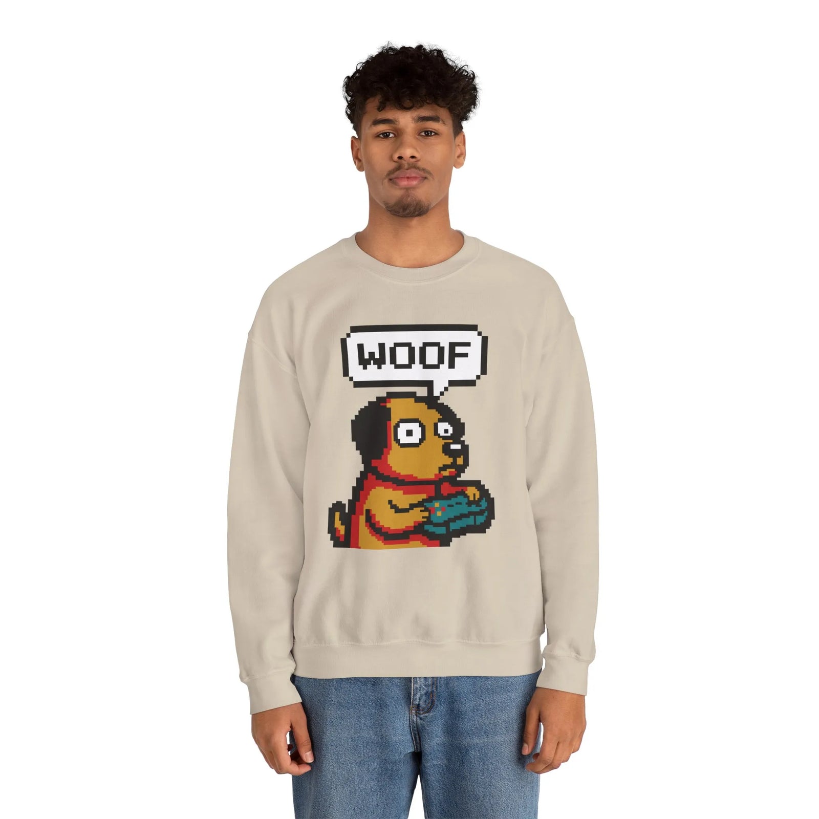 8-Bit Pixel Gaming Dogs Sweatshirt - Heavy Blend Cotton-Poly Crewneck - Unisex White