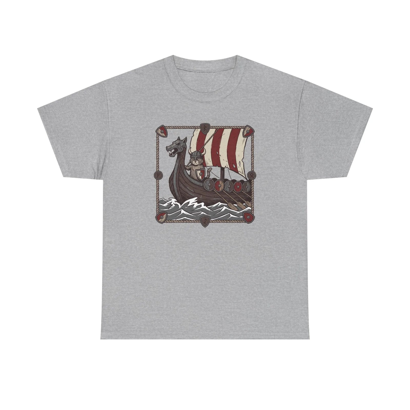 Viking Berserker Cat Longship T-Shirt - Heavyweight Cotton Classic Crewneck - Unisex White