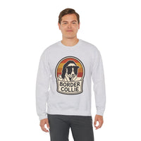 Border Collie Retro Sunset Sweatshirt - Heavy Blend Cotton Blend Crewneck - Unisex White