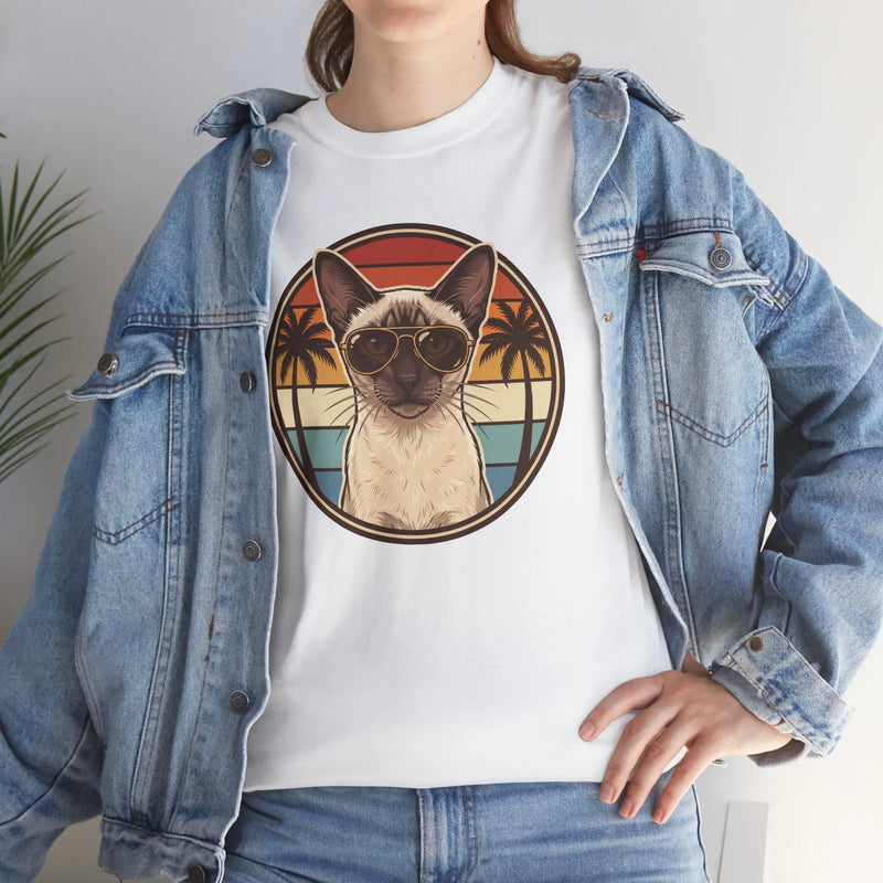 70s Sunset Siamese Cat Aviator T-Shirt - Heavyweight Cotton Classic Fit Tee - Unisex White