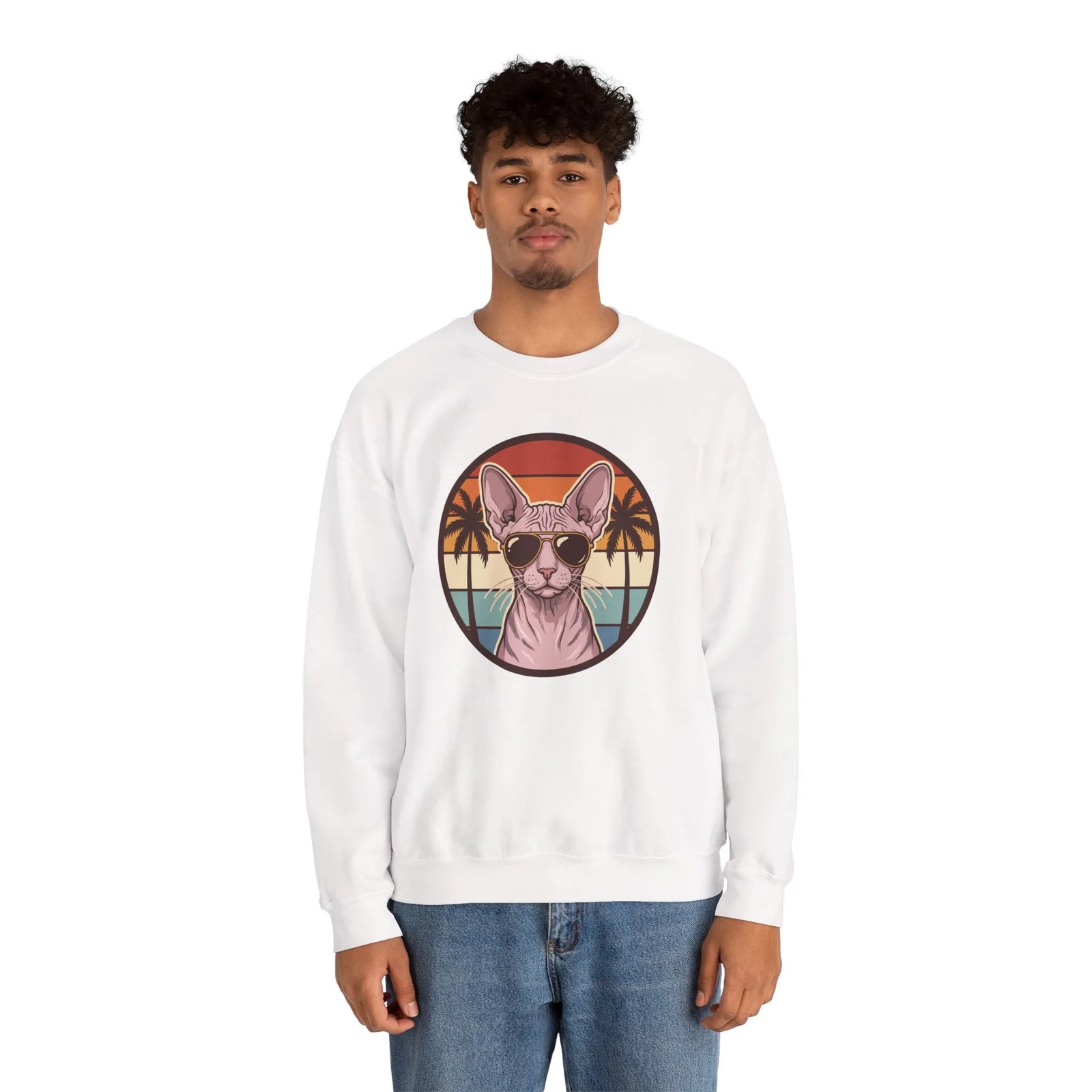 Sphynx Cat 70s Sunset Aviator Sweatshirt - Heavyweight Cotton Blend Crewneck - Unisex White