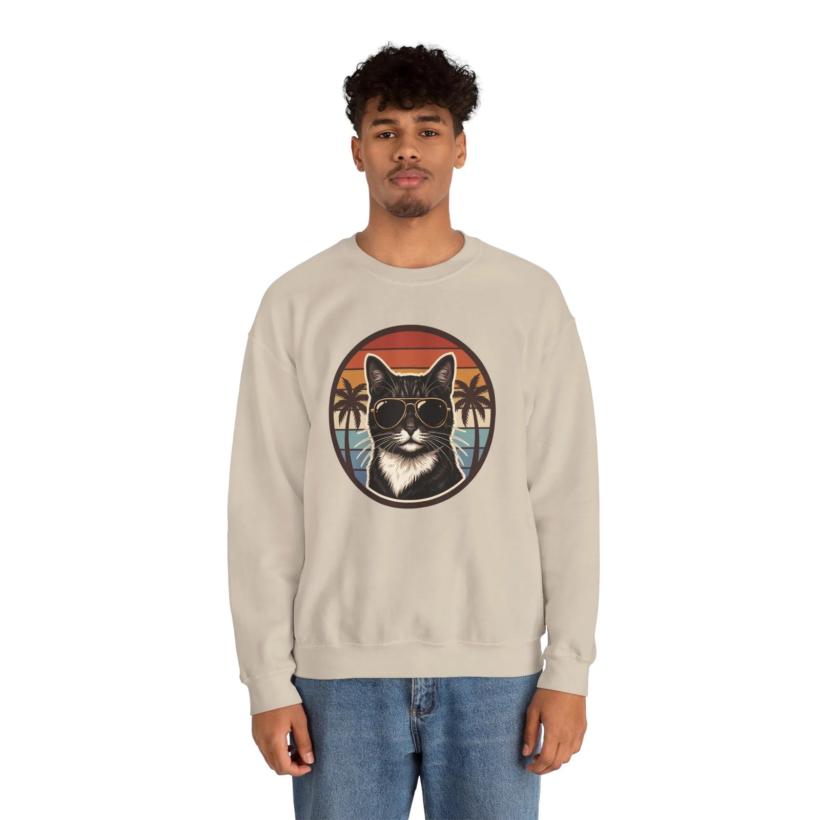 Tuxedo Cats 70s Sunset Sweatshirt - Heavy Blend Fleece Crewneck - Unisex White