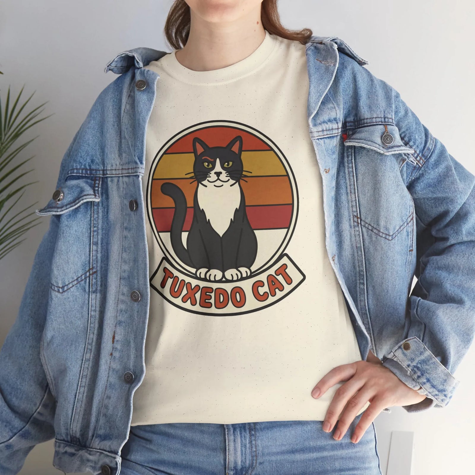 Tuxedo Cat Retro Sunset Graphic T-Shirt - Heavy Cotton Classic Fit Tee - Unisex White