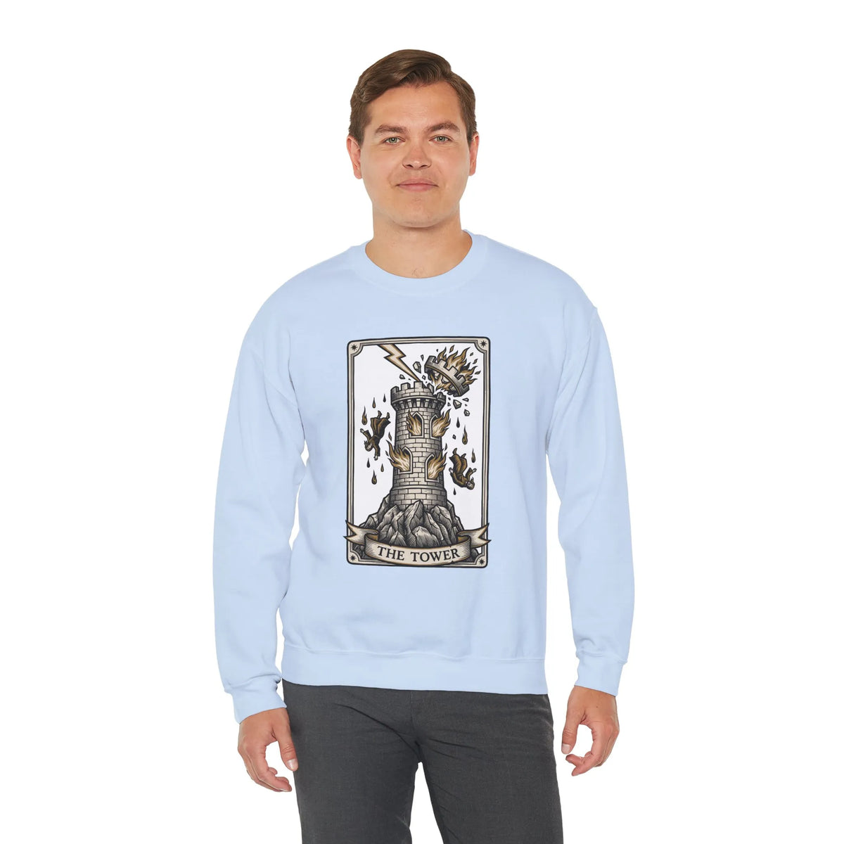 The Tower Tarot Card Sweatshirt - Heavy Blend Fleece Crewneck - Unisex White