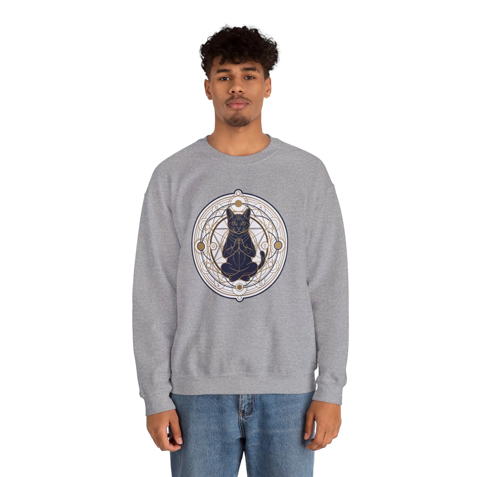 Sacred Geometry Meditating Cat Sweatshirt - Classic Fit Fleece Crewneck - Unisex White