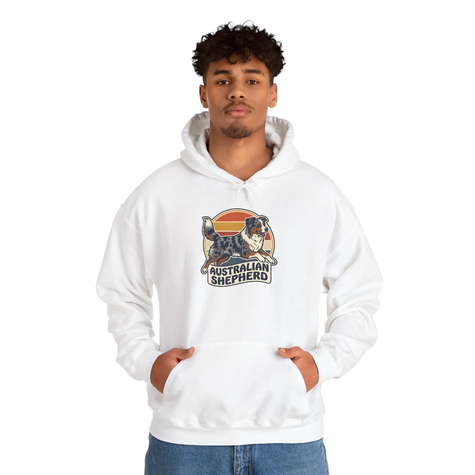 Australian Shepherd Retro 70s Sunset Hoodie - Heavy Blend Fleece Pullover - Unisex White