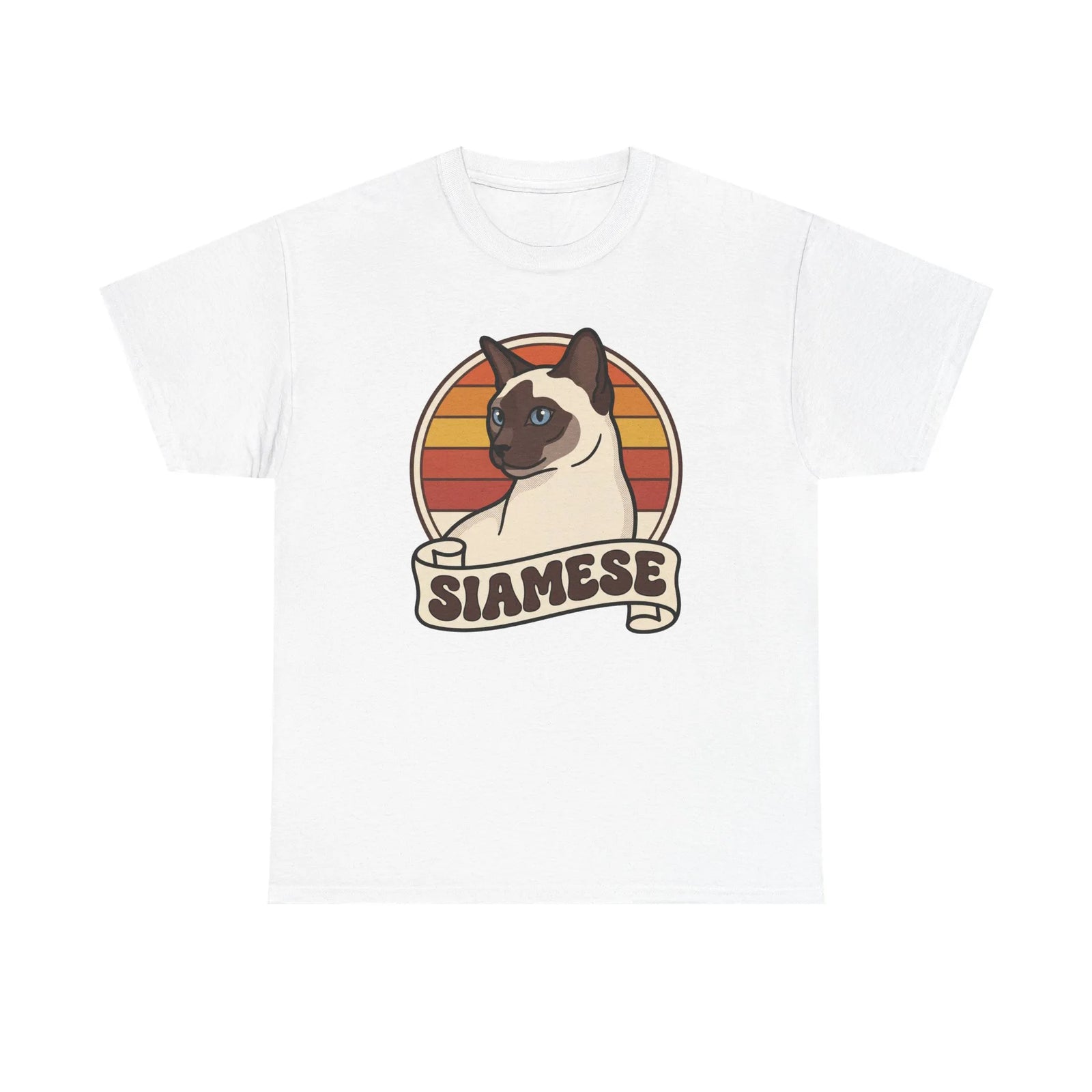 Siamese Cat Retro 70s Sunset T-Shirt - Heavy Cotton Classic Fit Tee - Unisex White