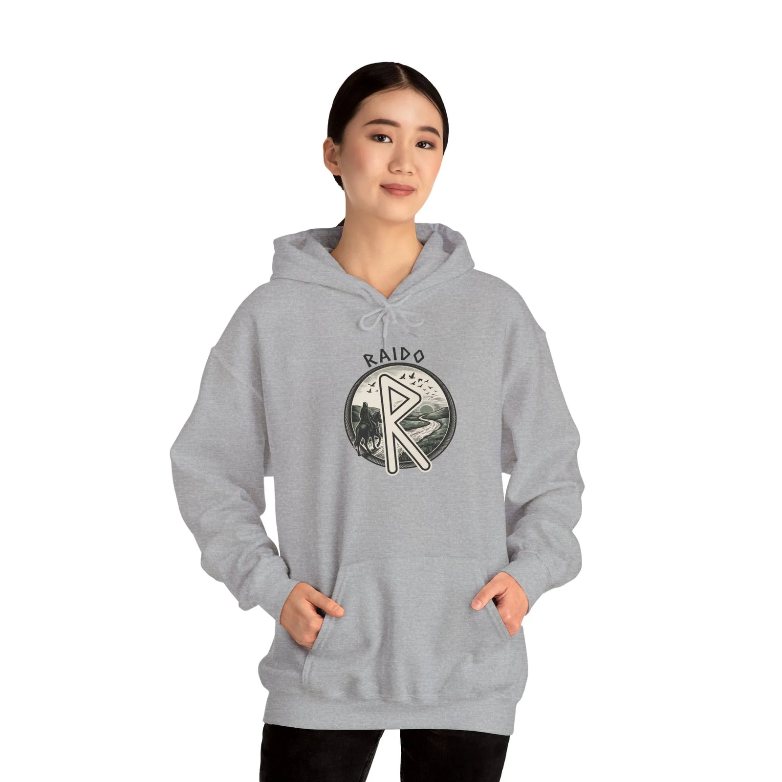 Raido Rune Journey Symbol Hoodie - Soft Cotton Blend Pullover - Unisex White