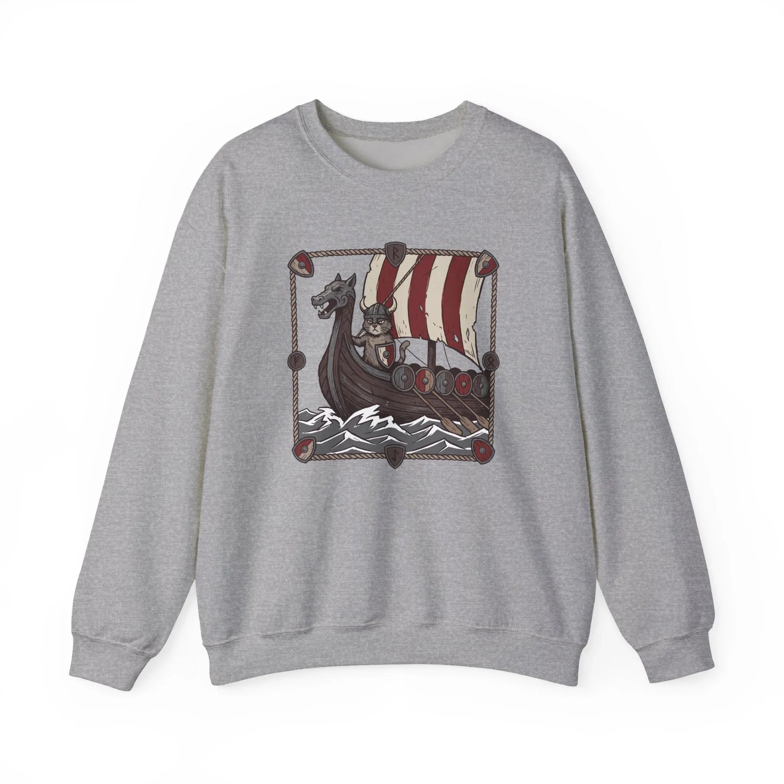 Longship Prow Viking Berserker Cats Sweatshirt - Heavyweight Cotton Blend Crewneck - Unisex White