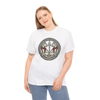 Geri and Freki Odin's Wolves Woodcut T-Shirt - Heavy Cotton Classic Fit Tee - Unisex White