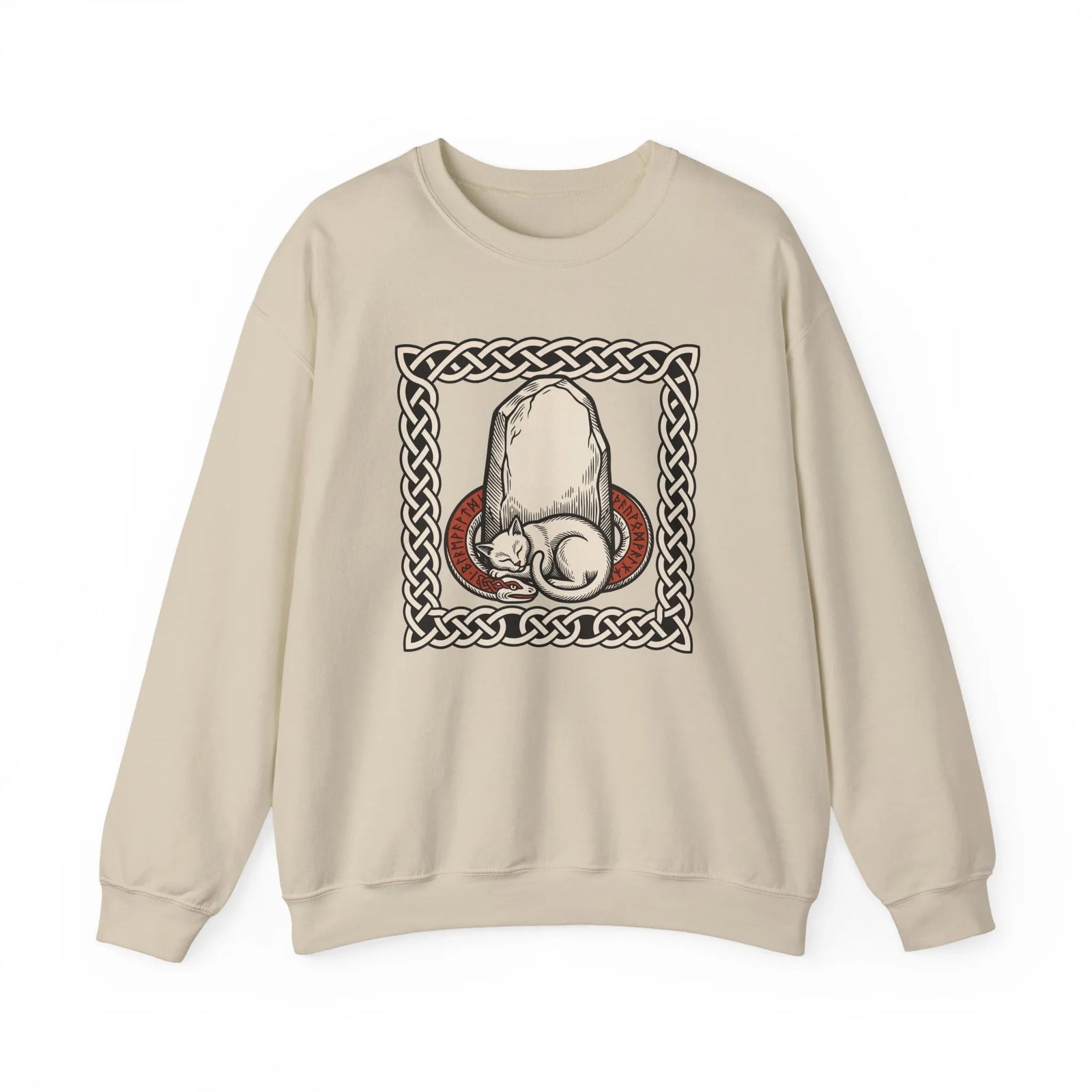 Runestone Cat Norse Woodcut Sweatshirt - Heavyweight Cotton Blend Crewneck - Unisex White