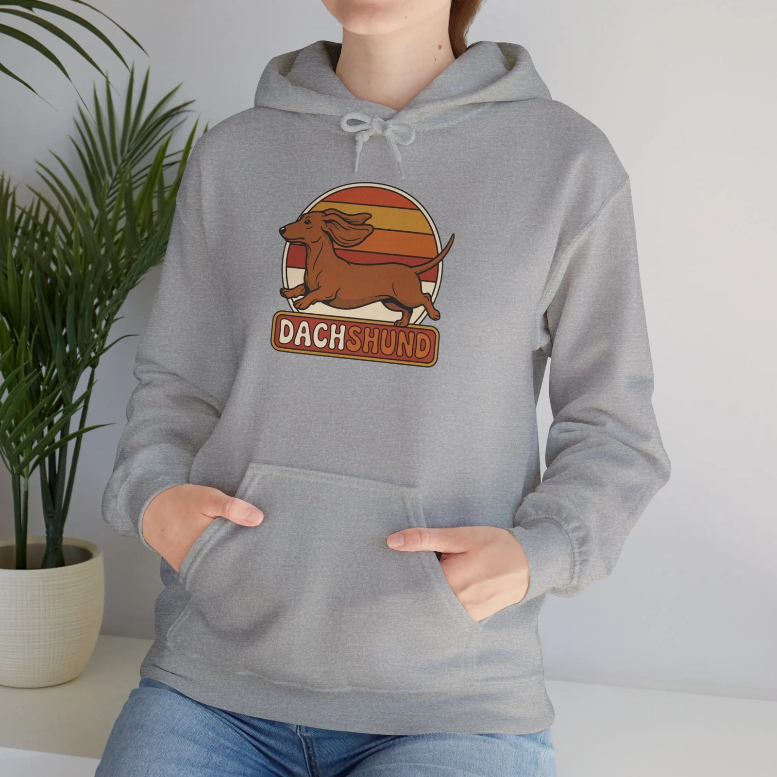 Dachshund Retro 70s Sunset Hoodie - Classic Fit Fleece Pullover - Unisex White