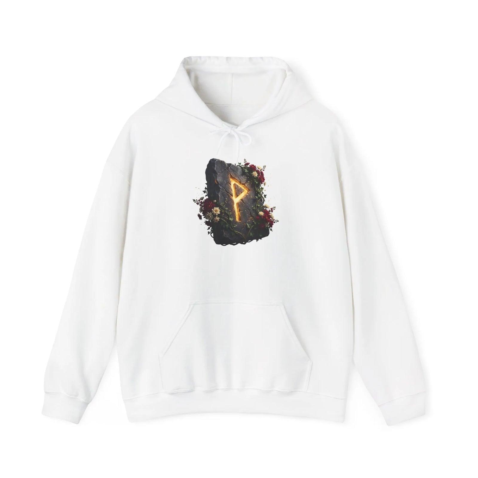 Wunjo Rune Floral Rock Graphic Hoodie - Warm Fleece Pullover Sweatshirt - Unisex White