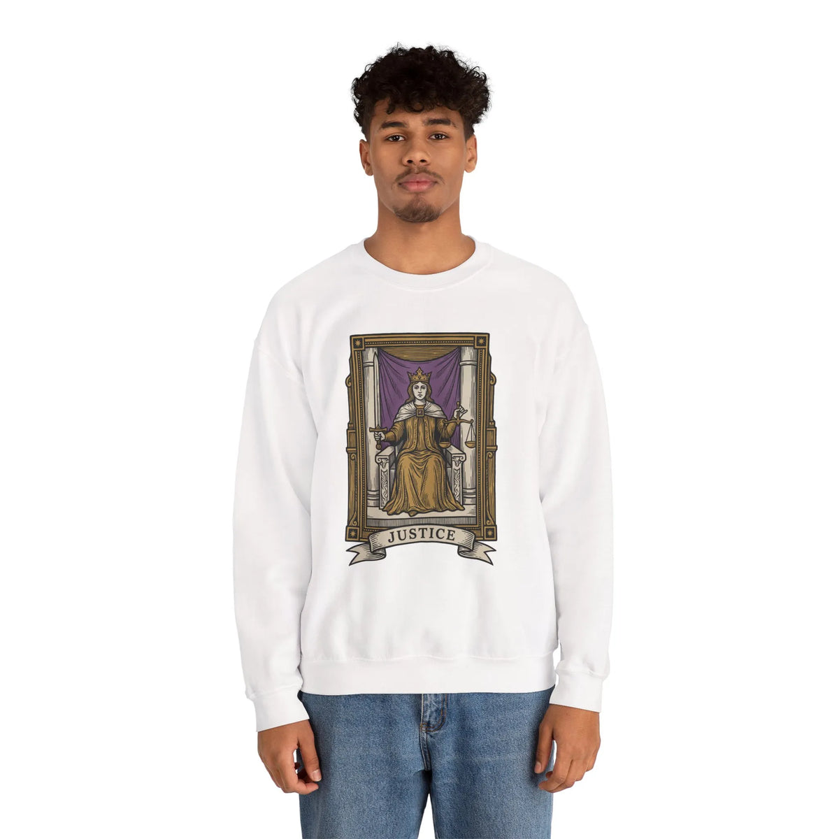 Justice Tarot Card Sweatshirt - Heavy Blend Cotton Poly Crewneck - Unisex White