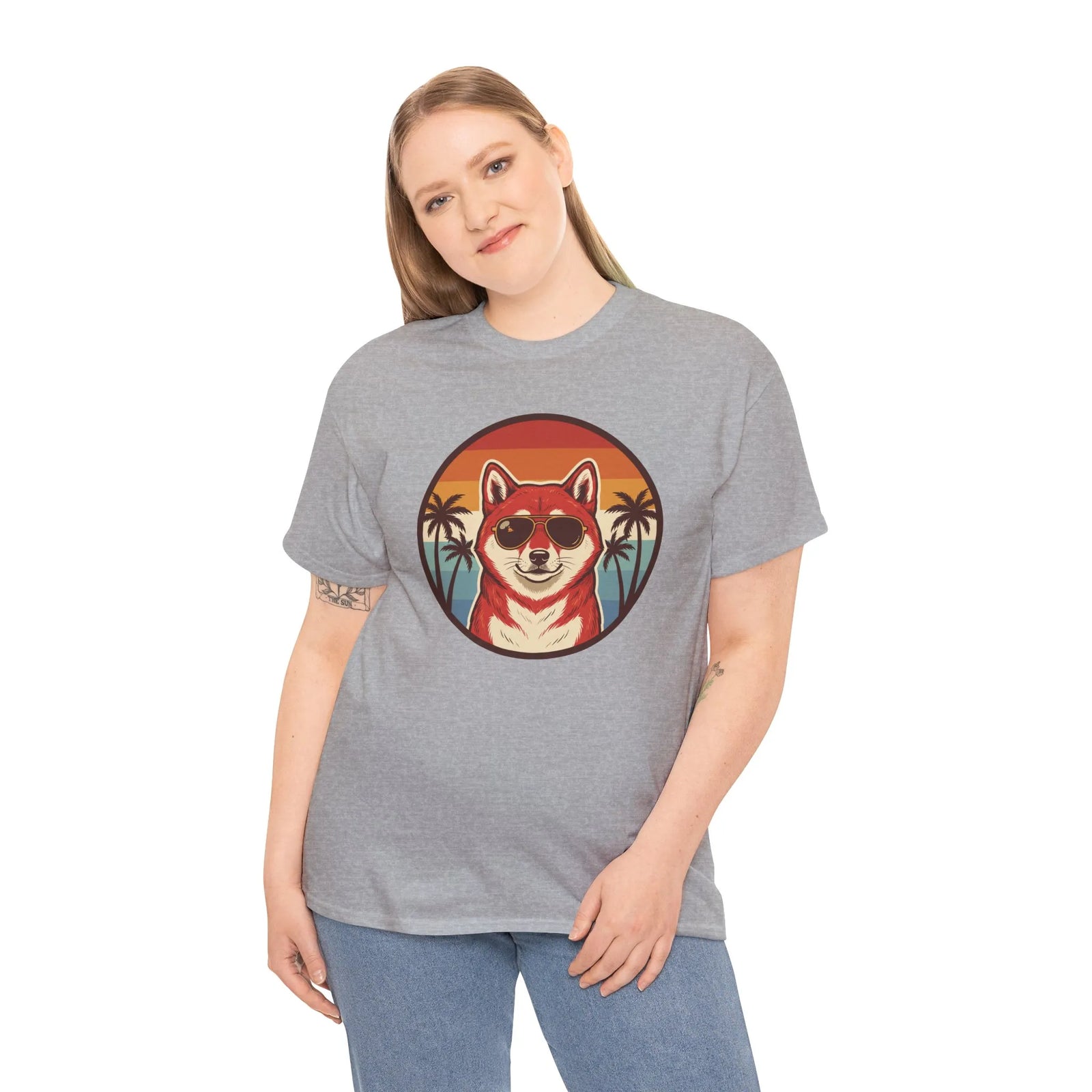 Shiba Inu Aviator Sunset T-Shirt - Heavy Cotton Classic Fit Tee - Unisex White