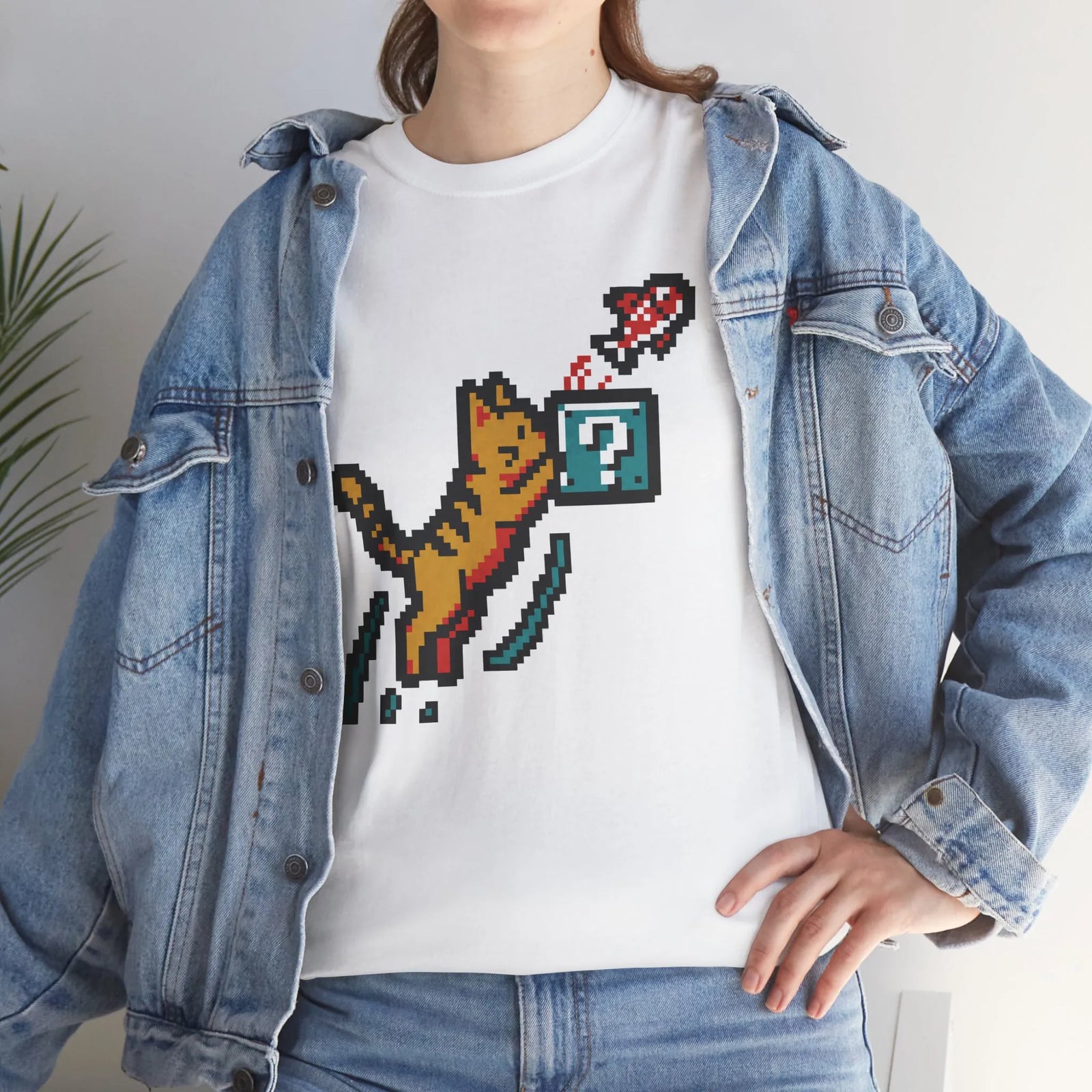 8-Bit Pixel Gaming Cats Graphic T-Shirt - Heavy Cotton Classic Fit Tee - Unisex White