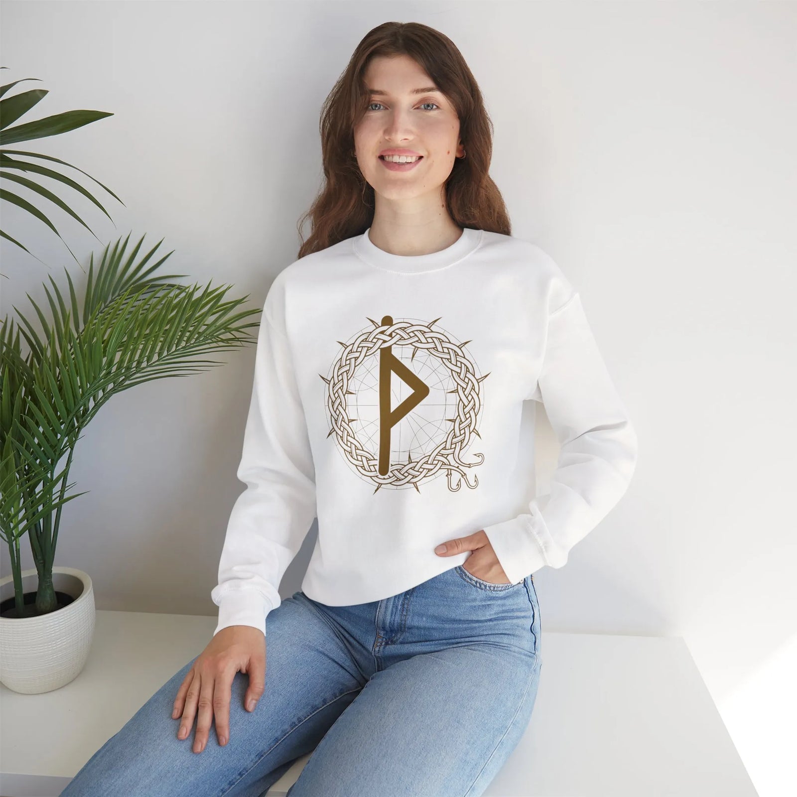 Thurisaz Rune Thorn Defense Sweatshirt - Heavy Blend Cotton Poly Crewneck - Unisex White